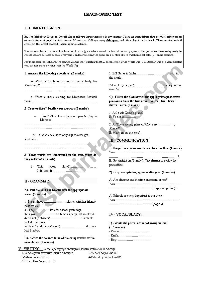 Diagnostic Test for 1st Baccalaureate level