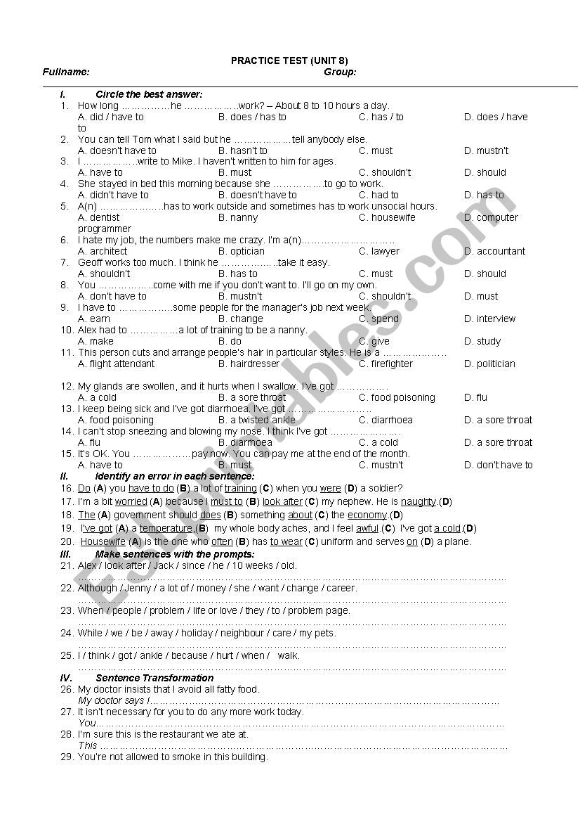 Practice Test. new headway worksheet