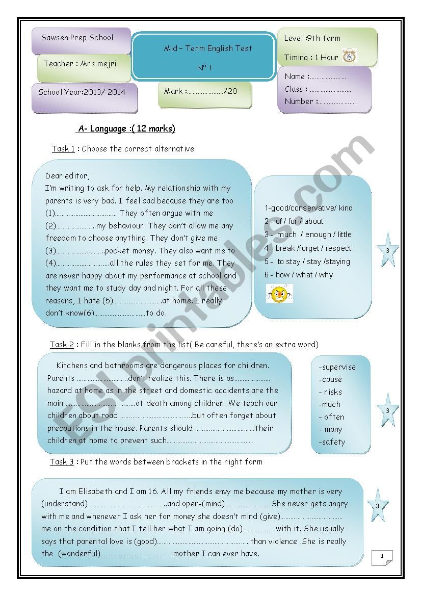 Mid - Term test n°1 worksheet Mid - Term test n°1 worksheet