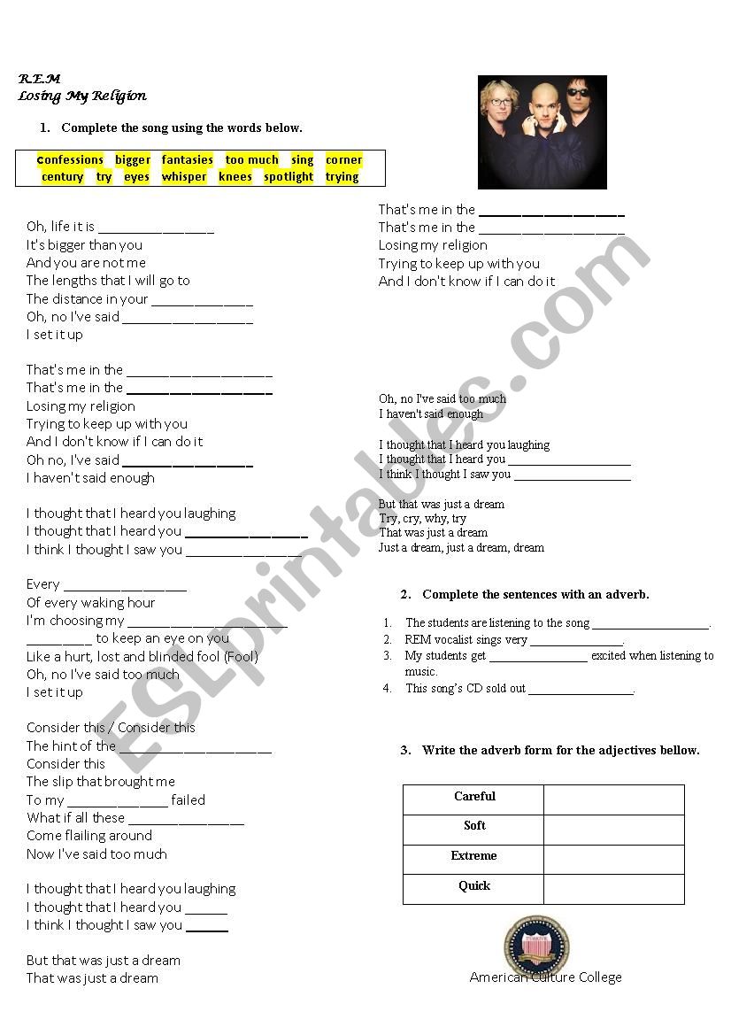 Losing My Religion worksheet