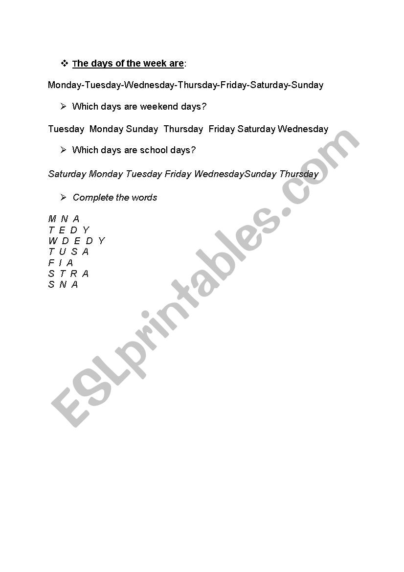 The days of the week worksheet