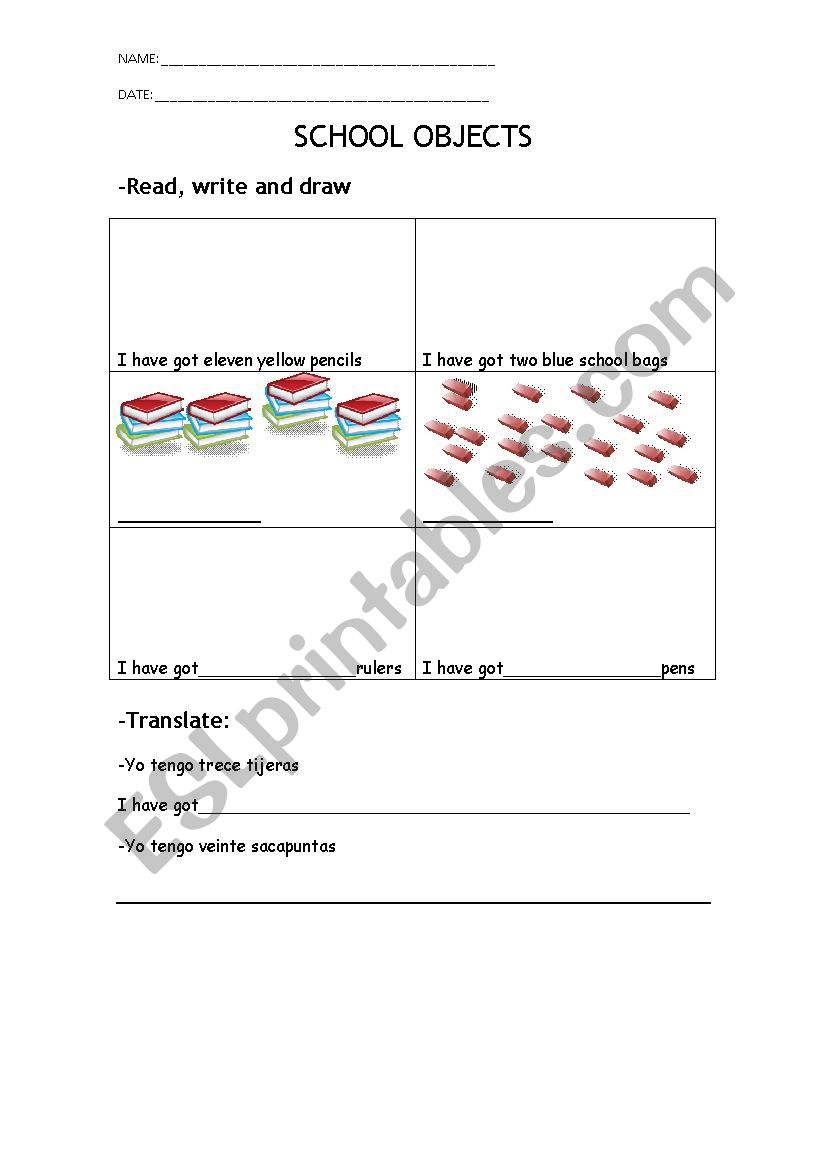 School objects worksheet