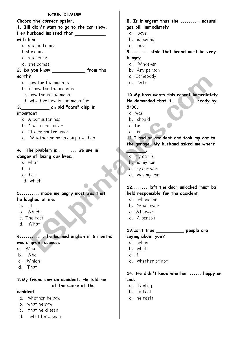 Noun Clauses Worksheet With Answers Pdf English Worksheets Identify Noun Clauses Joe Knordn