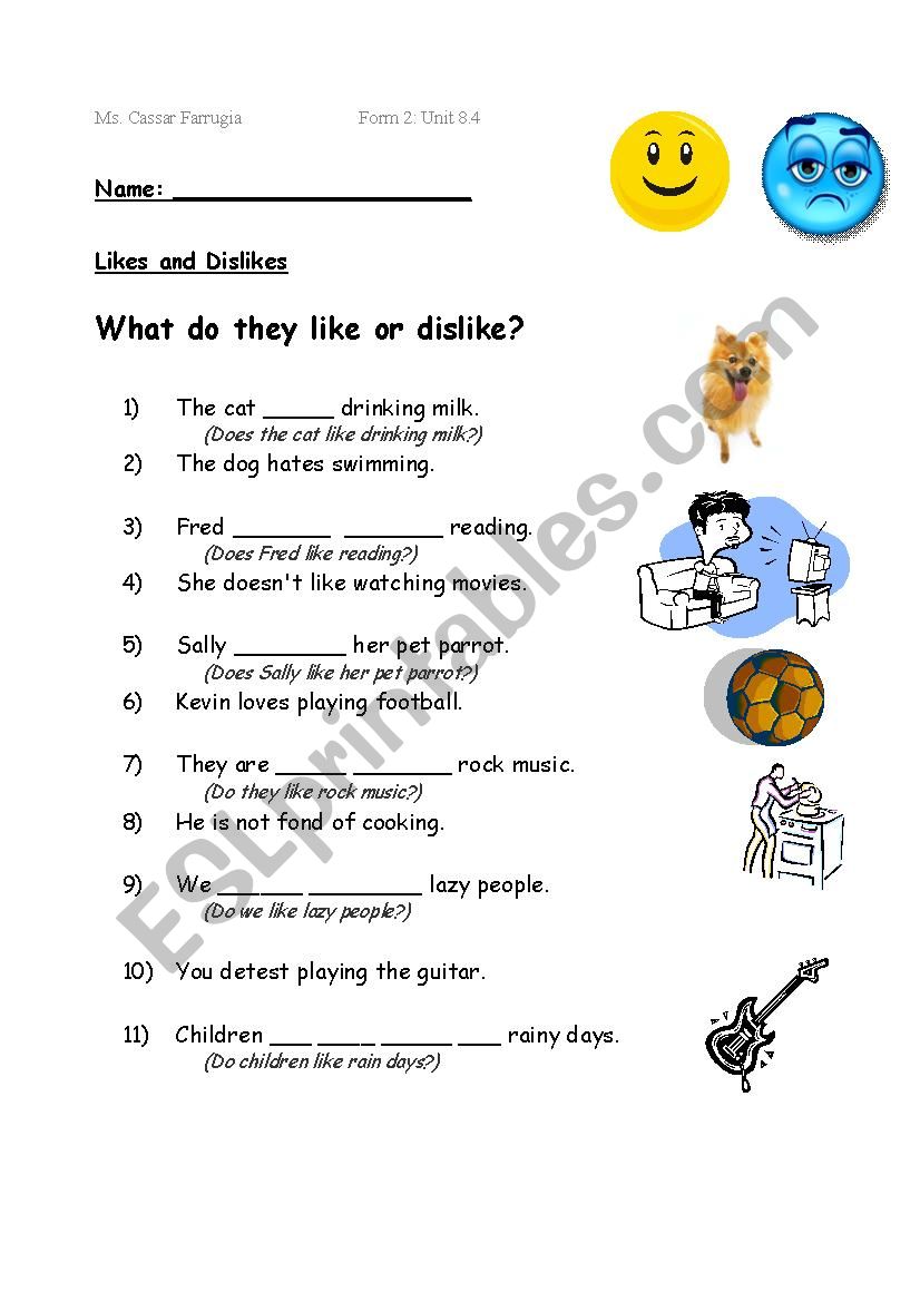 Likes & Dislikes Missing Info Handout for Pair Work