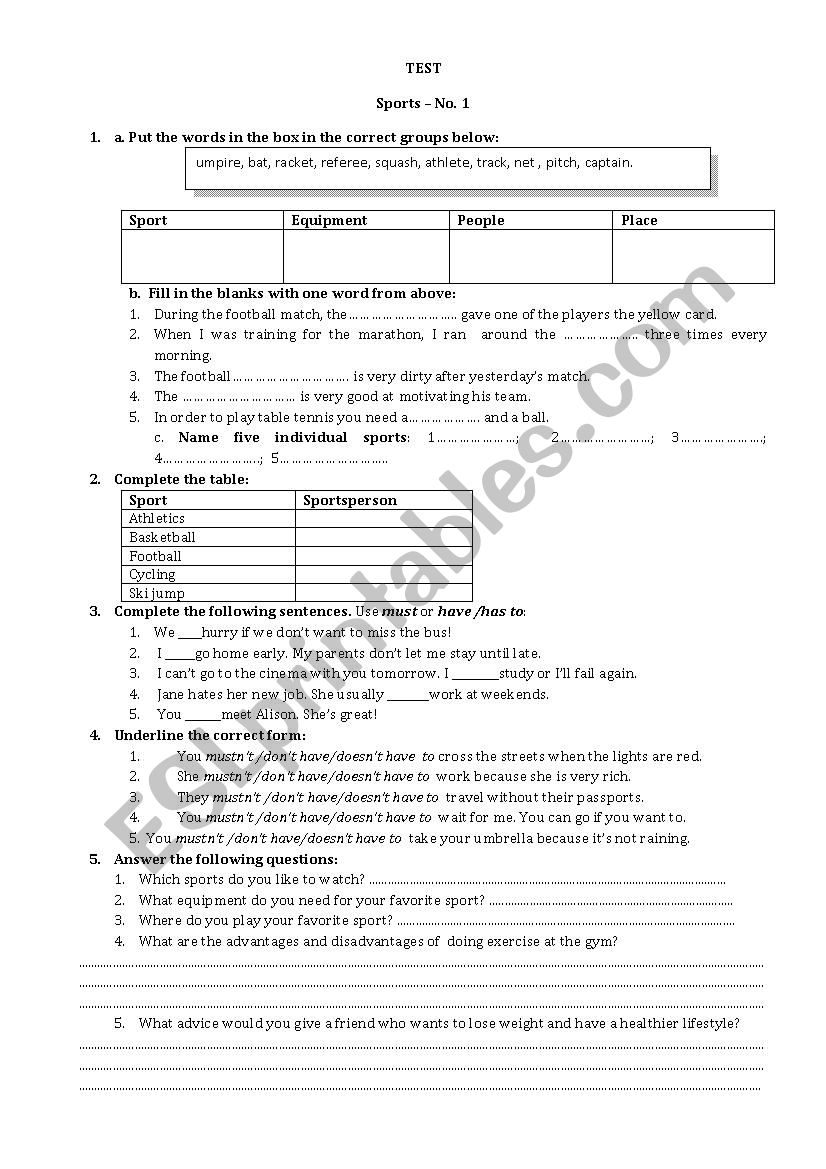 Sports- Test worksheet