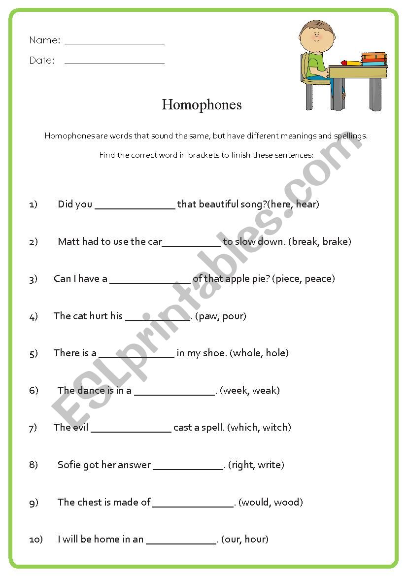 Homophones worksheet
