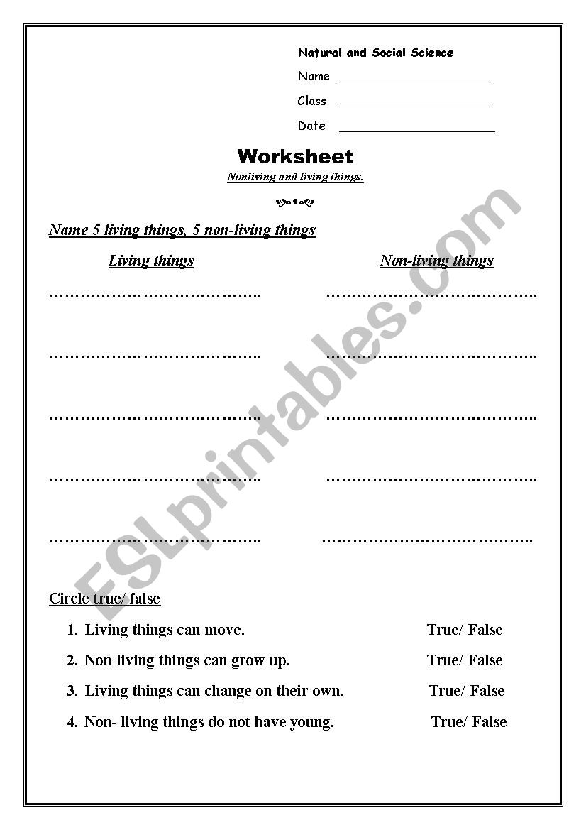 Living and Nonliving things worksheet