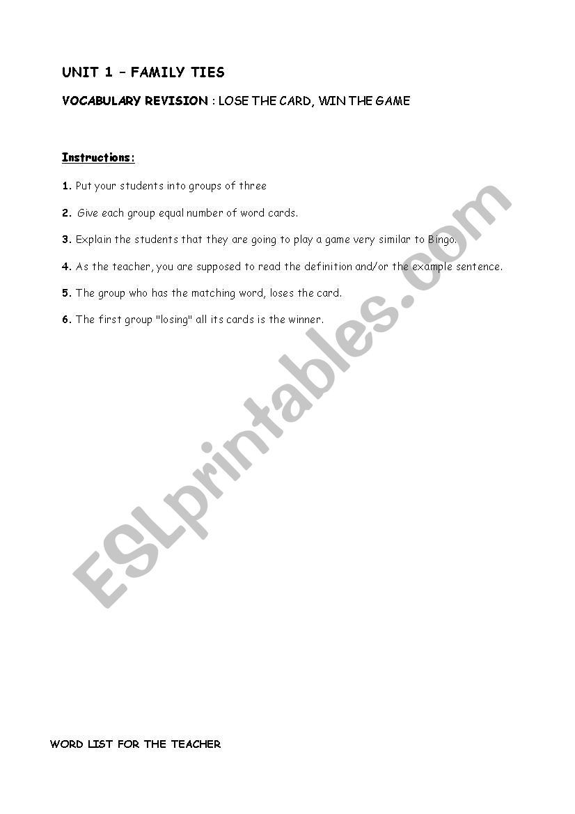 Vocabulary Revision worksheet