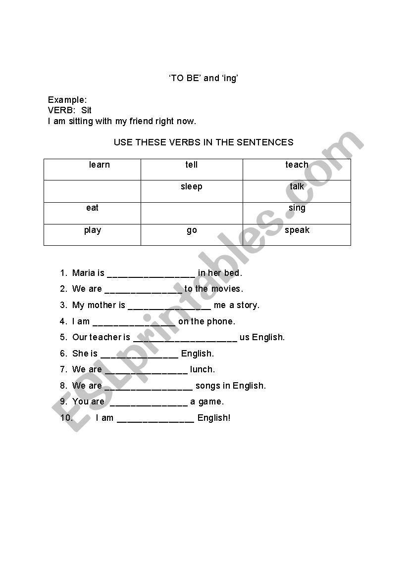 Adding ing to TO BE verbs worksheet