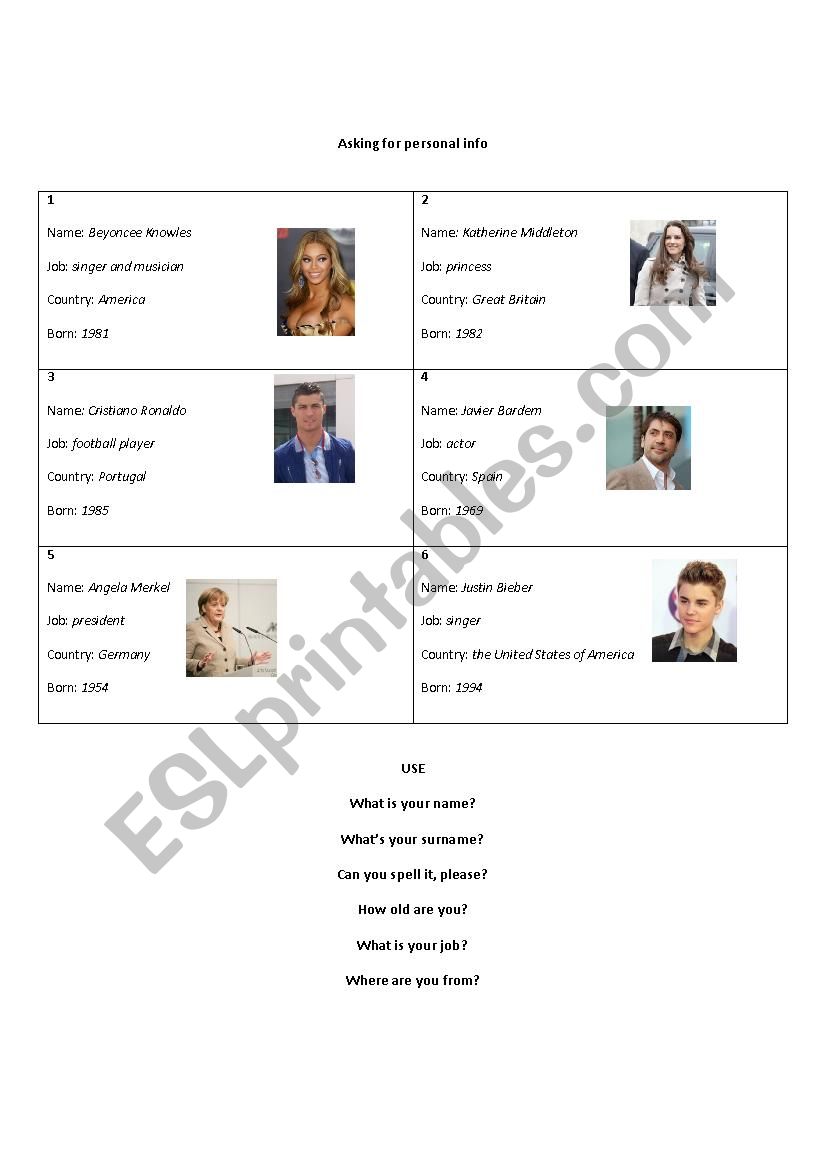 Personal info (famous) worksheet