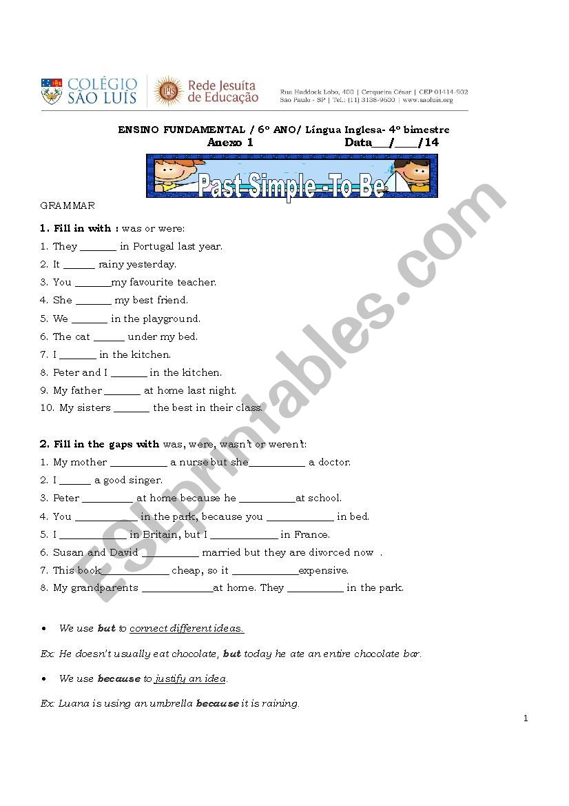 To Be Past worksheet