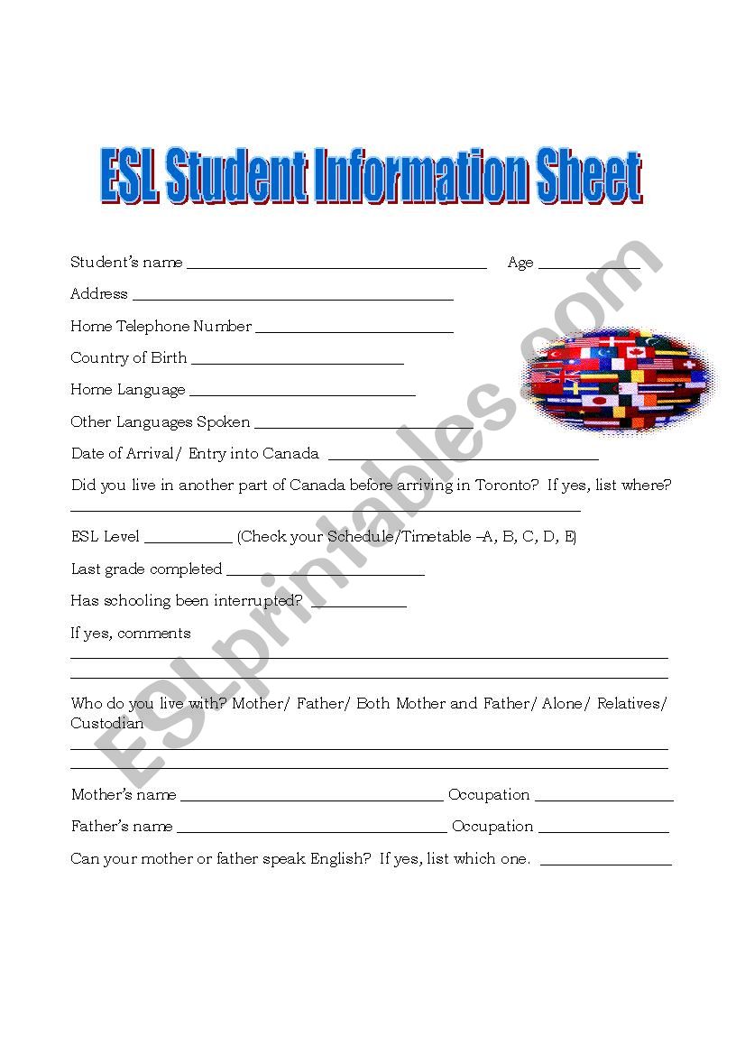 ESL student information sheet worksheet