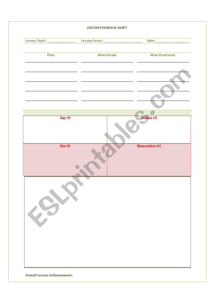 Lesson Feedback Sheet worksheet