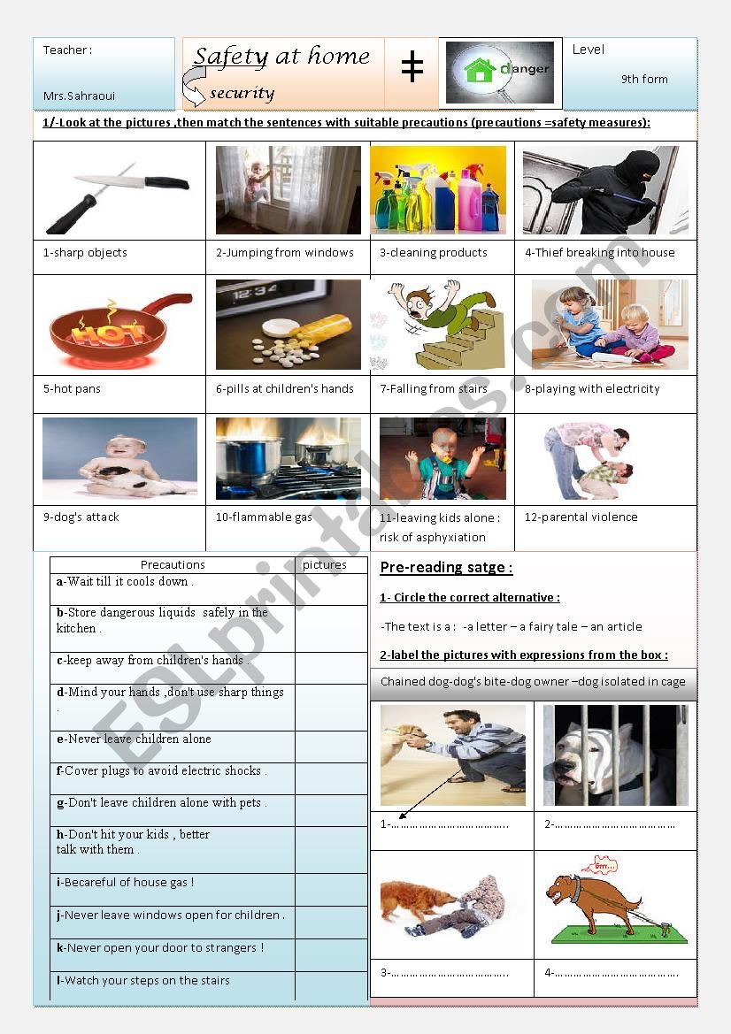 Safety at home 9th form worksheet