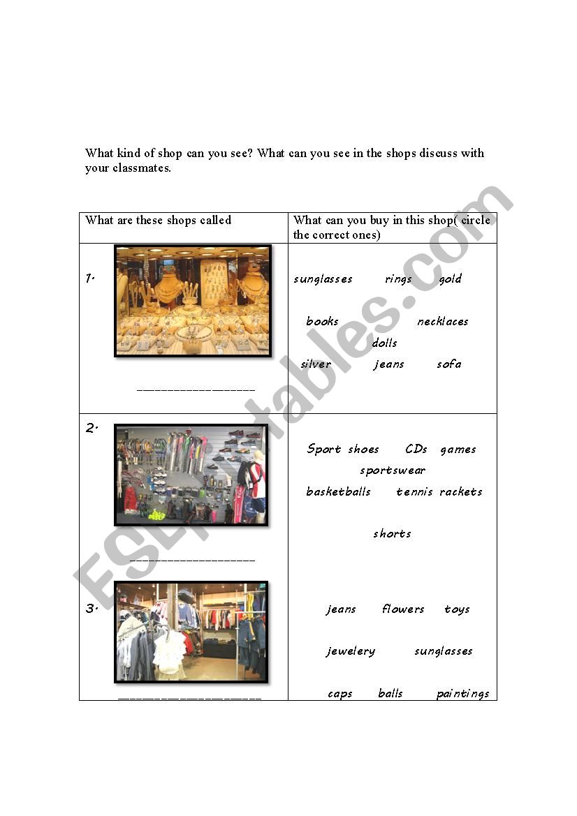 shopping worksheet