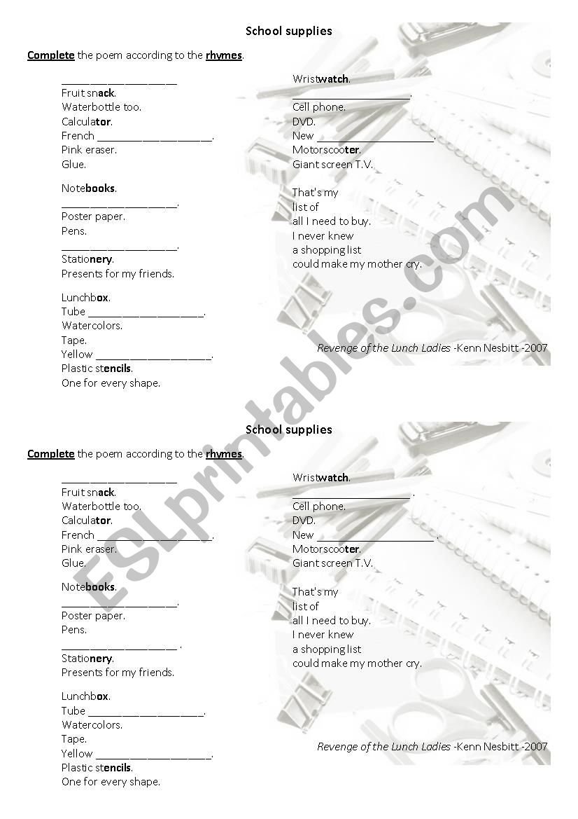 School supplies poem worksheet