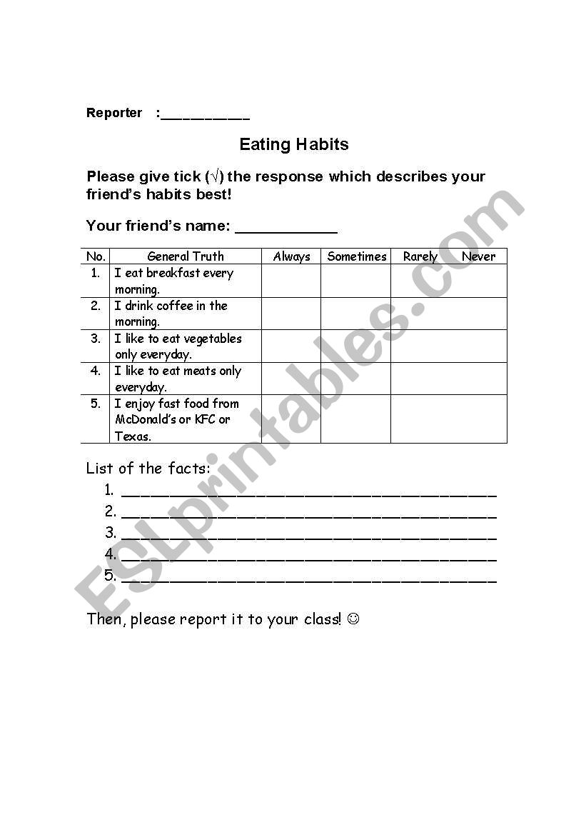 Eating Habits worksheet