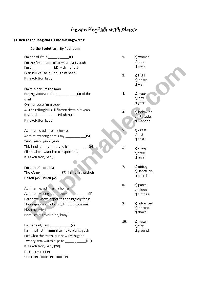 Pearl Jam - Do the Evolution worksheet