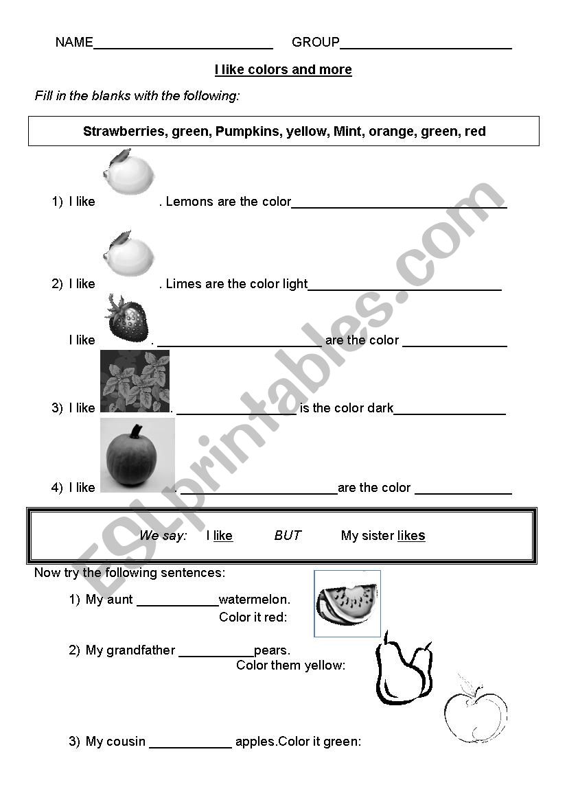 I like: colors & fruit worksheet