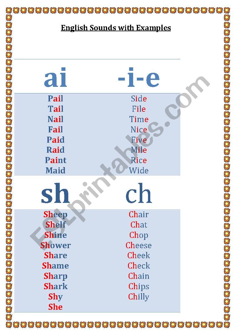 english sounds ch sh i-e ai worksheet