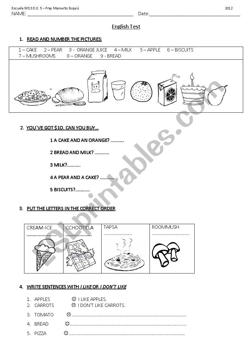 Test: Food - Numbers- Like/dont like