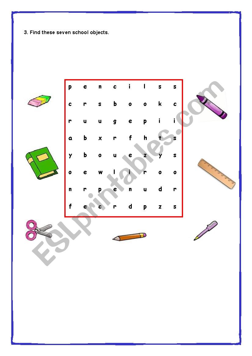 Classroom Objects Wordsearch worksheet