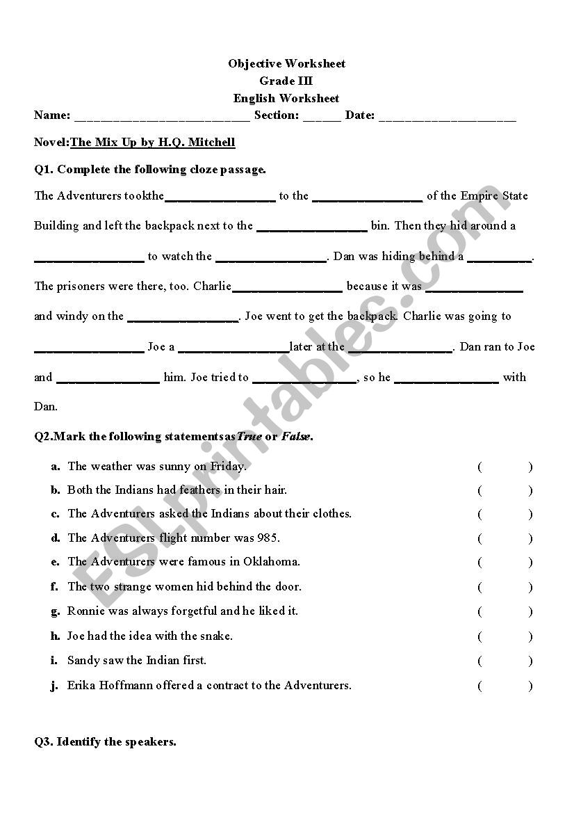 The Mix Up - Objective type Worksheet