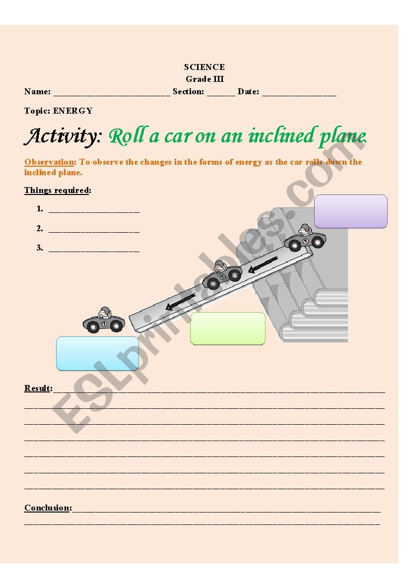 To observe the changes in the forms of energy as the car rolls down the inclined plane.