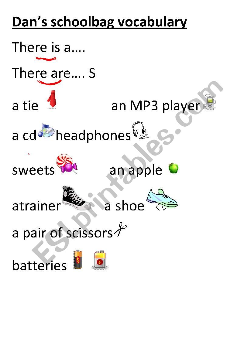 DanÂ´s school bag worksheet