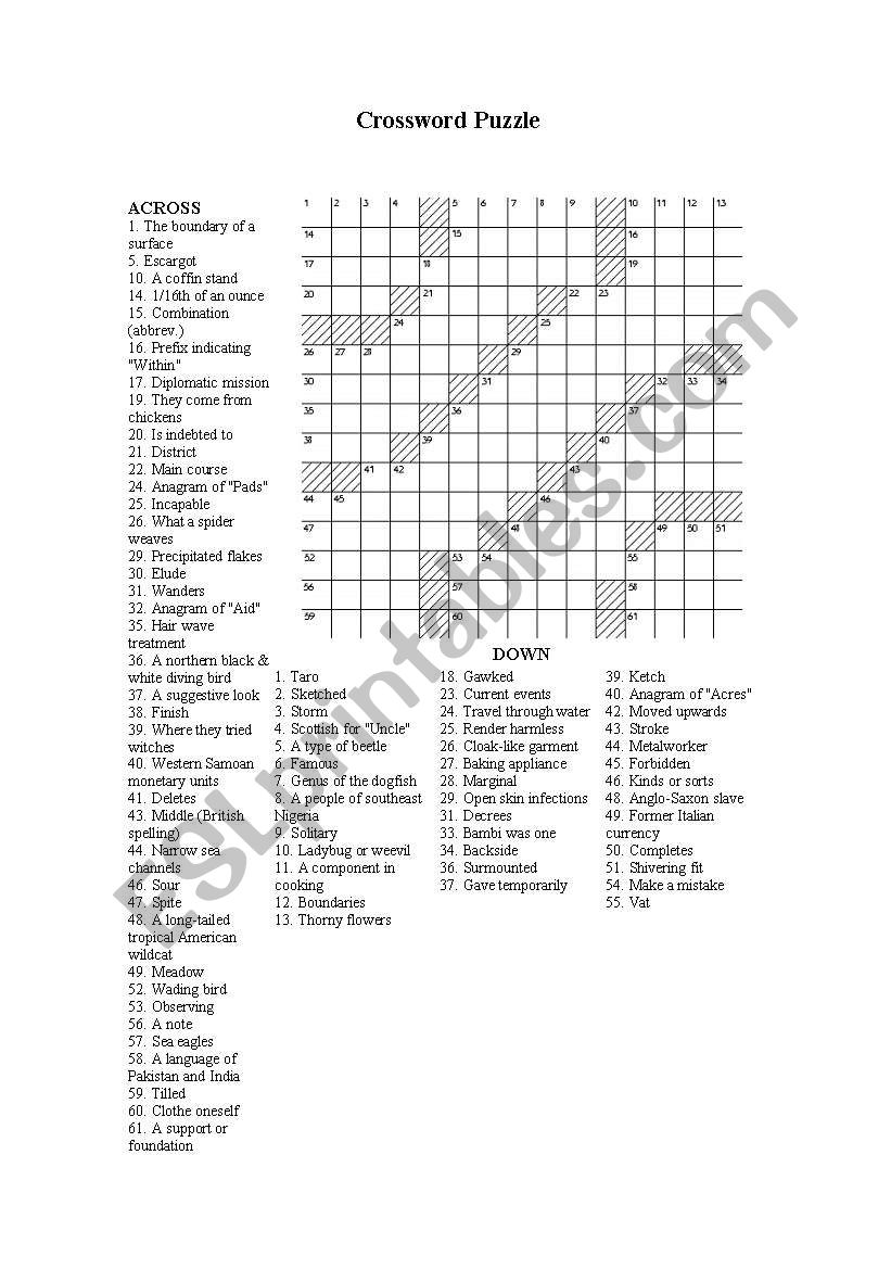 English worksheets: crossword puzzle