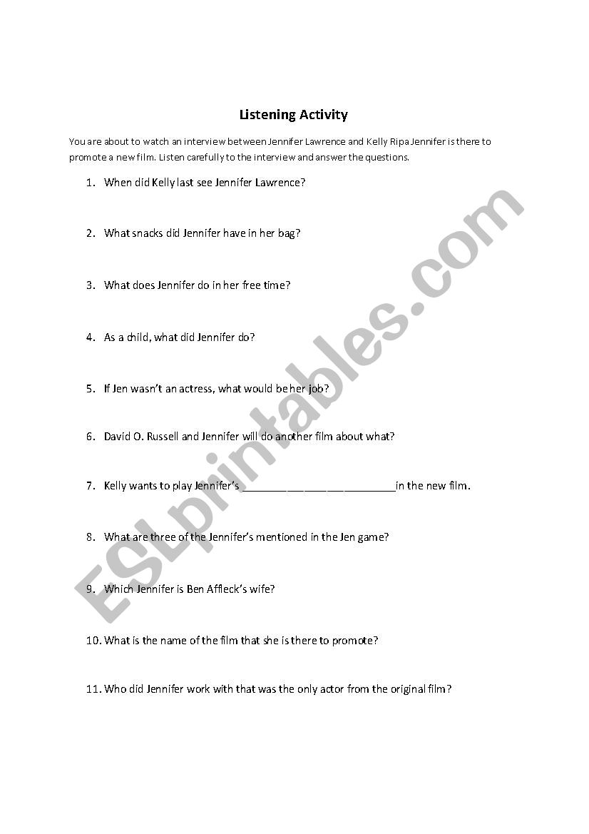 Jennifer Lawrence Interview worksheet