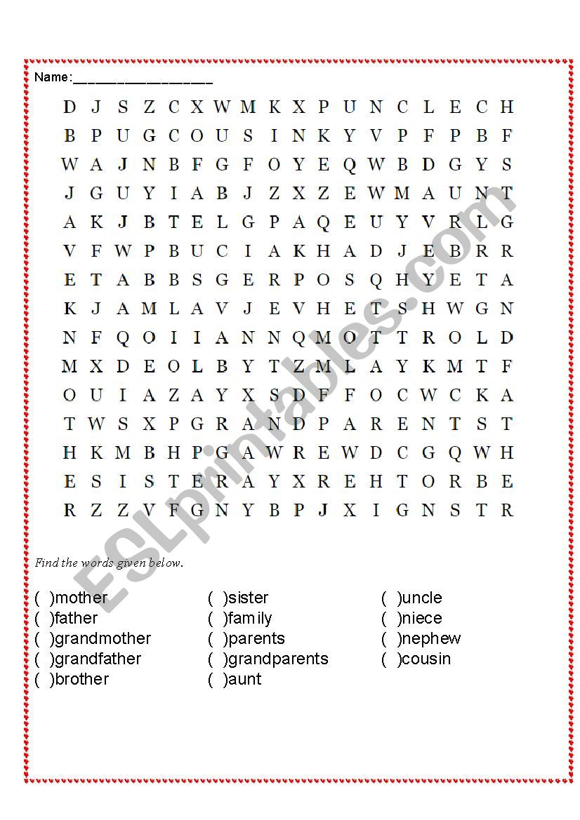 Family Wordsearch worksheet