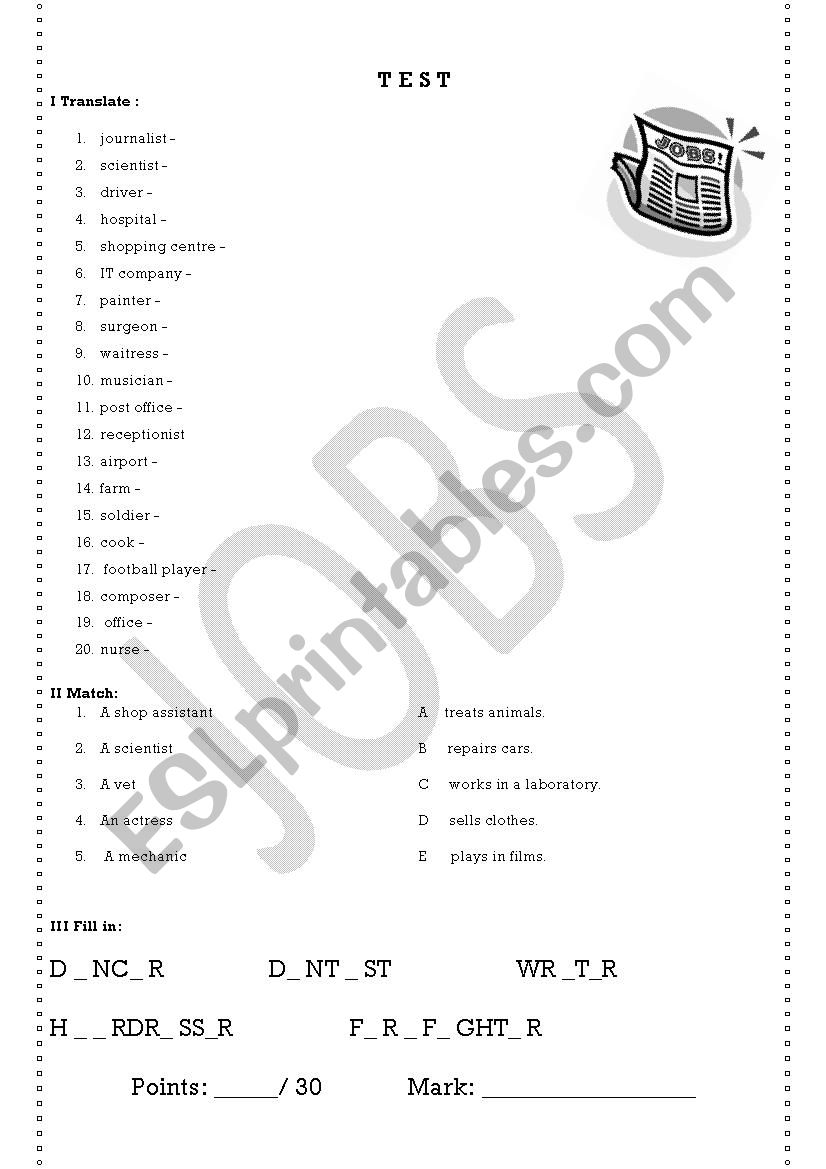 Jobs - short test worksheet