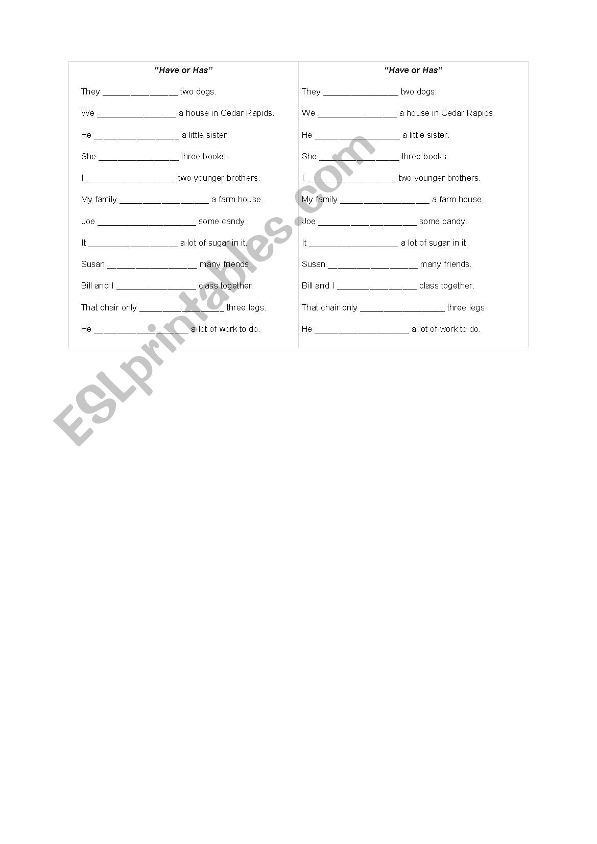 Have/has worksheet