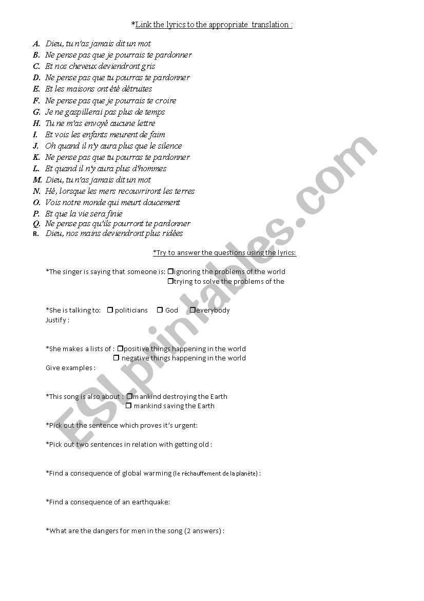 PRAYER IN C Lilly Wood  worksheet