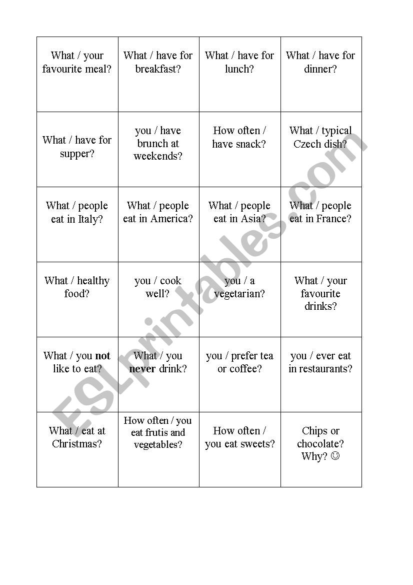 food flash card worksheet