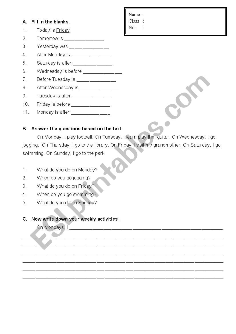 day and month worksheet