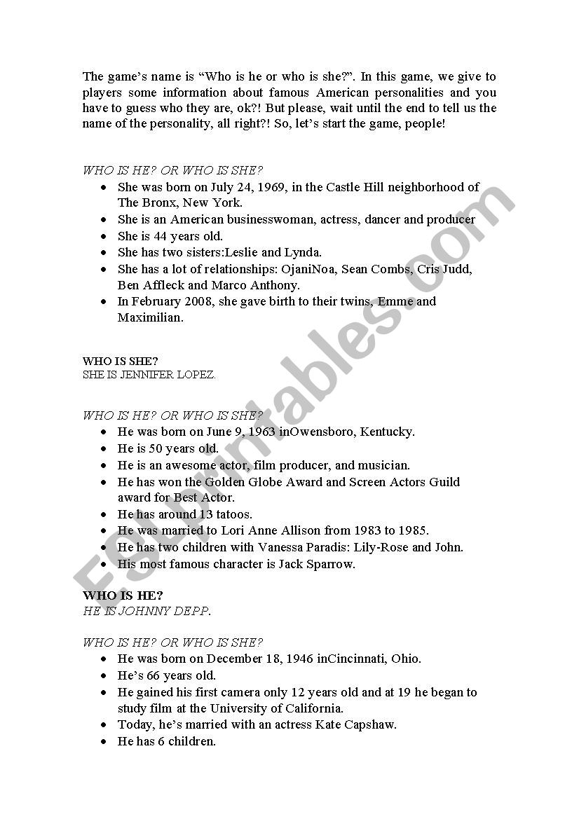 Game - Who´ s he or she? - ESL worksheet by JardelCoutinho