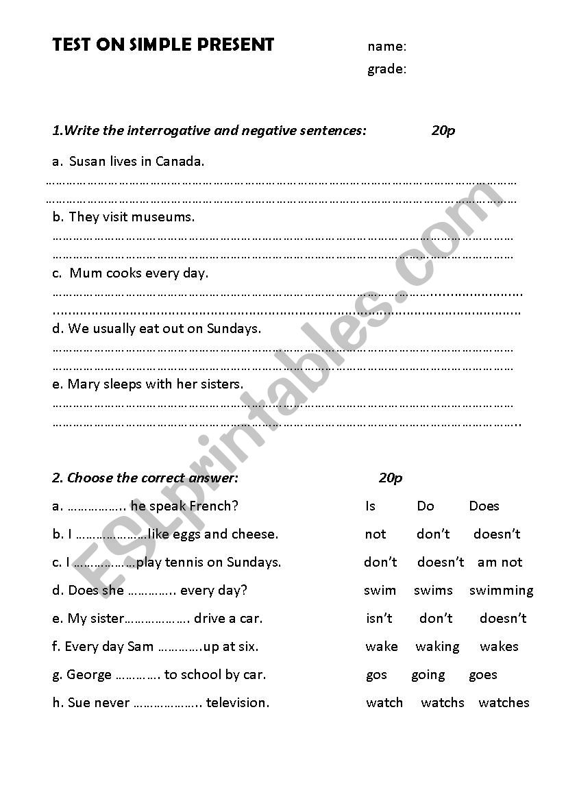 TEST ON PRESENT SIMPLE worksheet