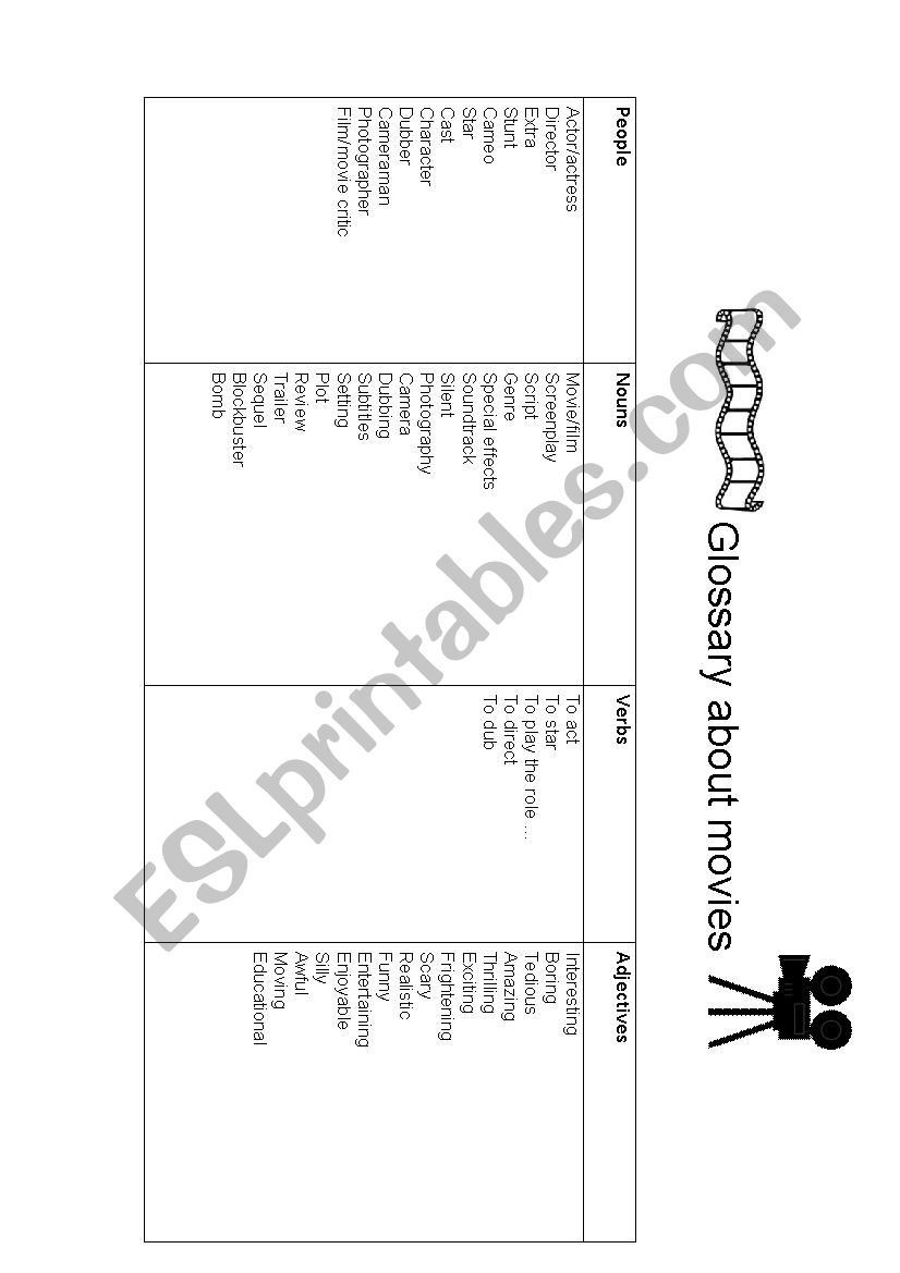 Glossary about films worksheet