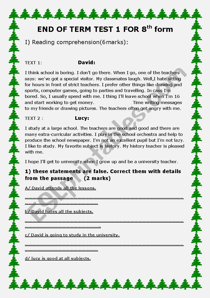 end term test 1 for 8th form  worksheet