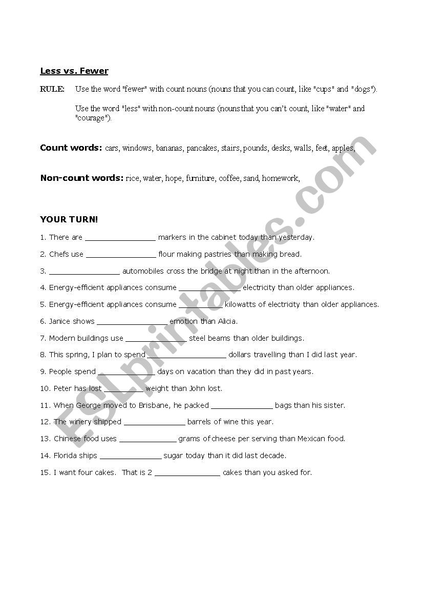 Less v. Fewer worksheet