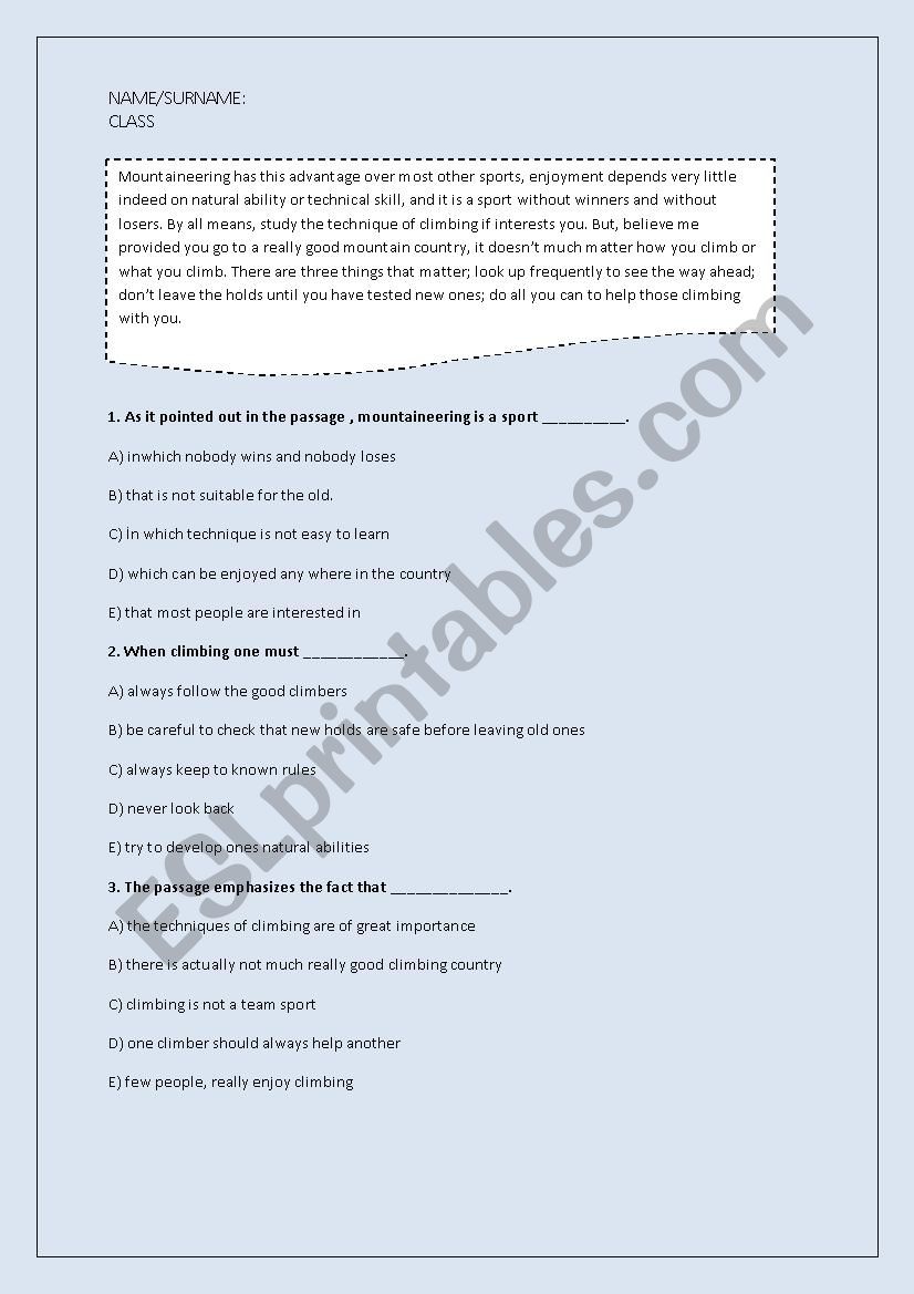 Reading passages worksheet