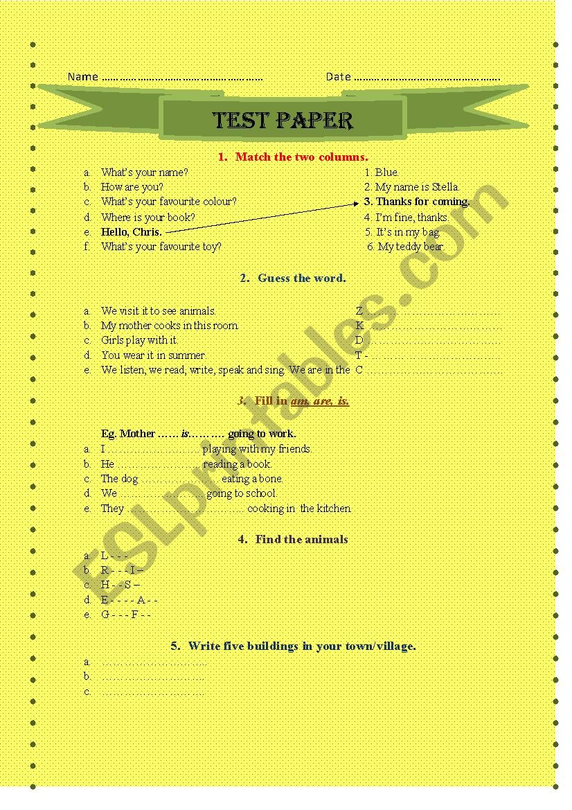 test paper worksheet