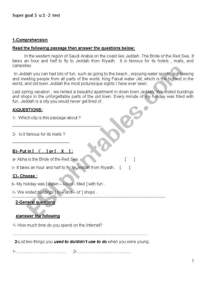 super goal 5 u1-2 test worksheet