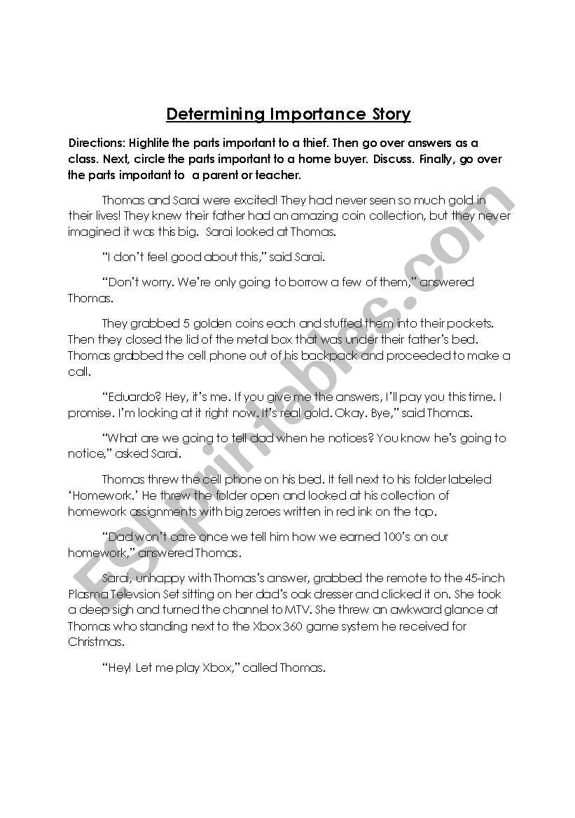 Determining Importance  worksheet
