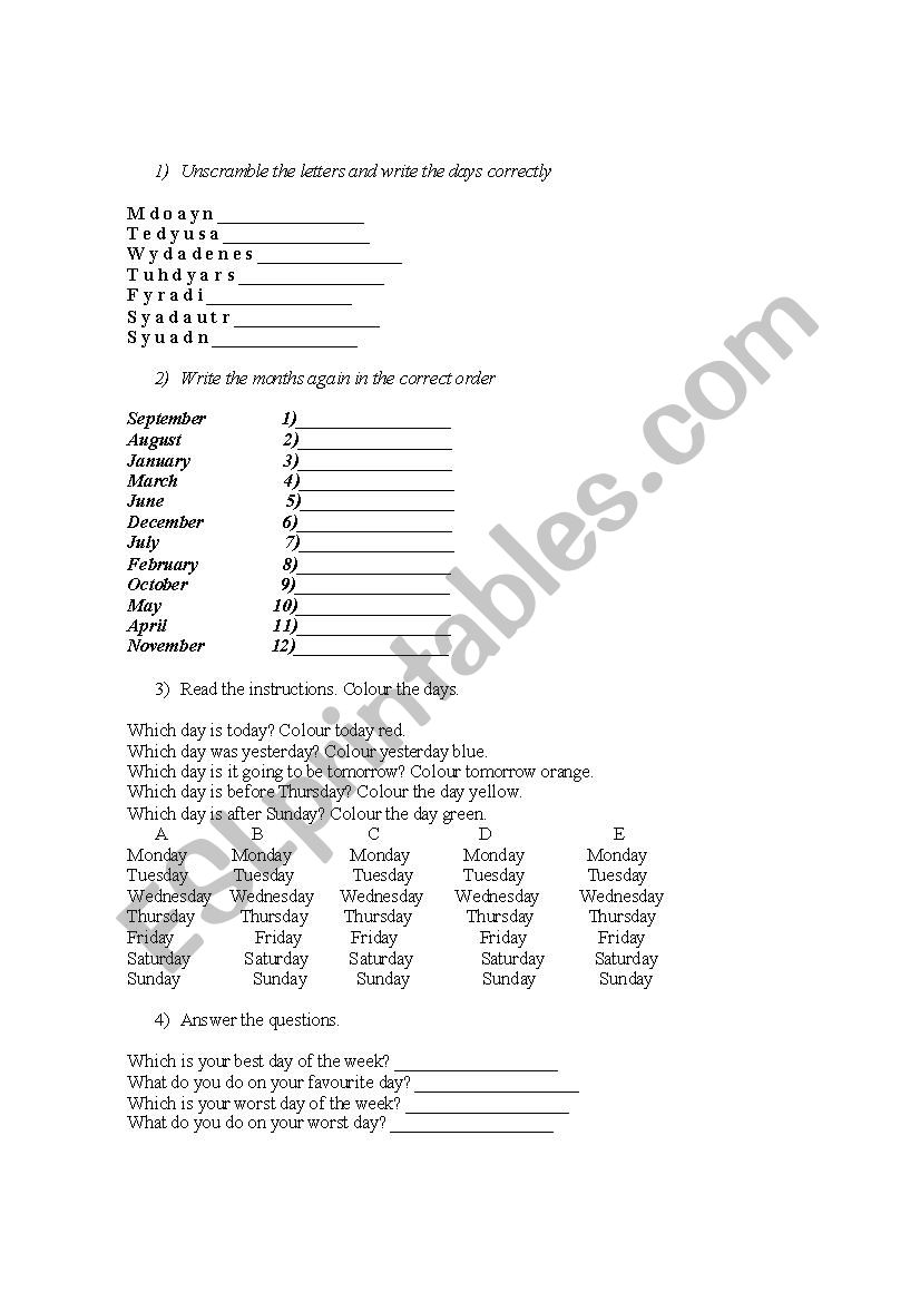 Days and Colors worksheet