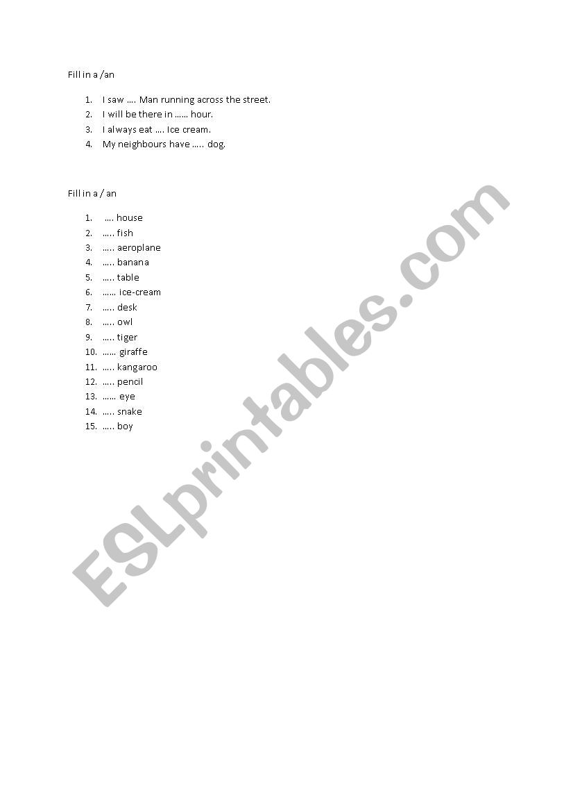 Practice with a and an worksheet