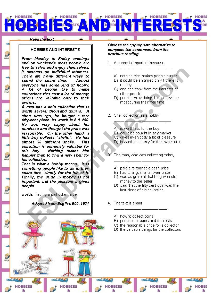 Hobbies and Interests worksheet