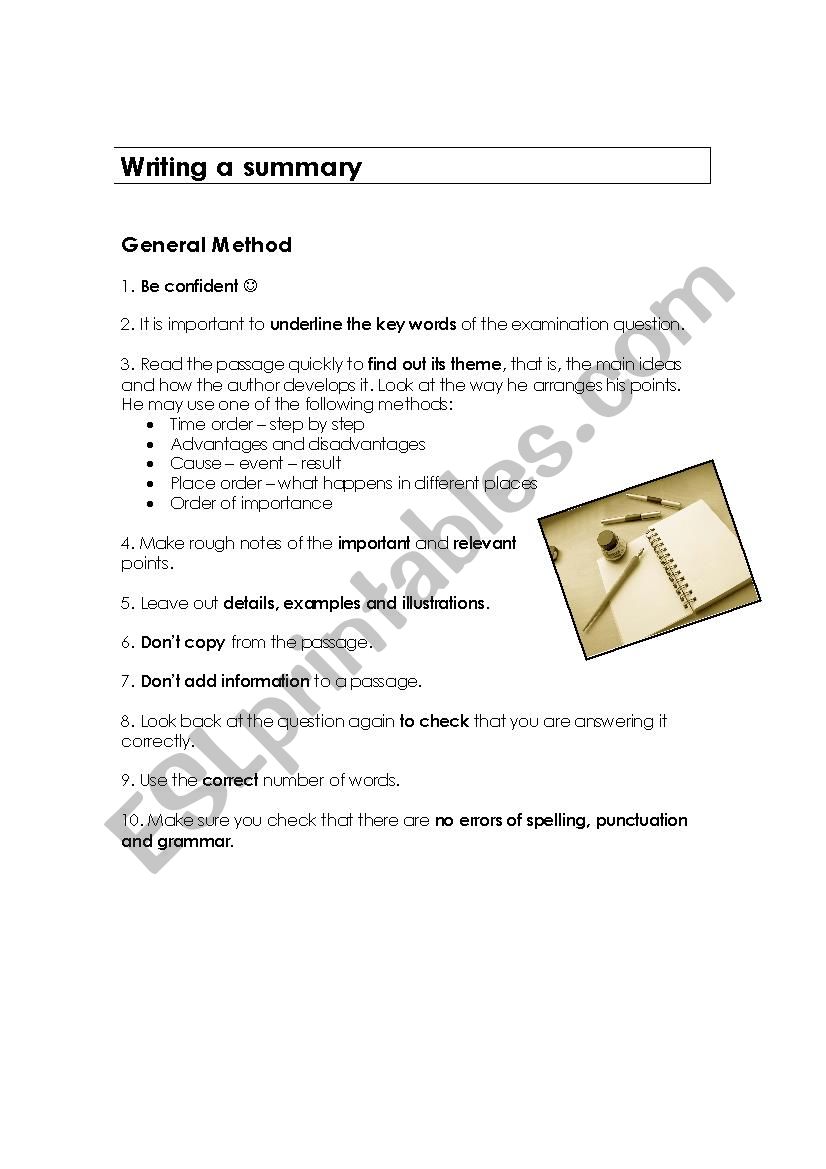 Writing a Summary worksheet